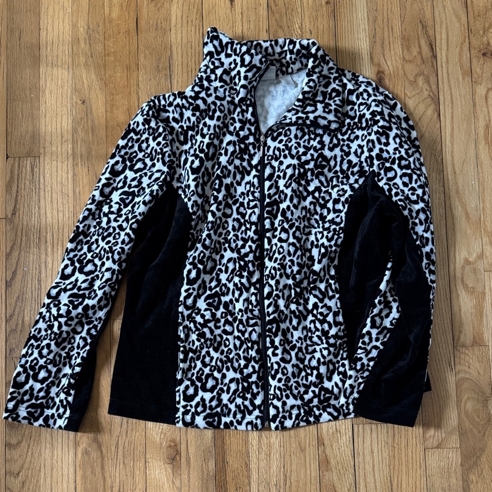 Chico's Black and White Animal Print snow leopard velour velvet Jacket 2 large